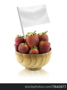 Healthy and organic food concept. Healthy and organic food concept. Fresh Strawberries with flag showing the benefits or the price of fruits.