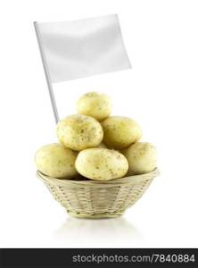 Healthy and organic food concept. Healthy and organic food concept. Fresh Potato with flag showing the benefits or the price of fruits.