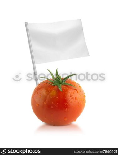 Healthy and organic food concept. Healthy and organic food concept. Fresh Tomato with flags showing the benefits or the price of fruits.