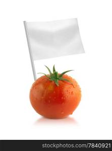 Healthy and organic food concept. Healthy and organic food concept. Fresh Tomato with flags showing the benefits or the price of fruits.