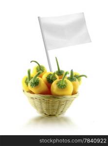 Healthy and organic food concept. Healthy and organic food concept. Fresh Yellow chili pepper in straw dish with flag showing the benefits or the price of fruits.