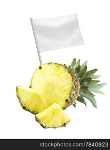 Healthy and organic food concept. Healthy and organic food concept. Fresh Ripe pineapple with flag showing the benefits or the price of fruits.