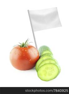 Healthy and organic food concept. Healthy and organic food concept. Fresh tomatoe with Slices of cucumber with flag showing the benefits or the price of fruits.