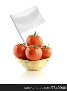 Healthy and organic food concept. Healthy and organic food concept. Fresh Tomatoes in Dish straw with flag showing the benefits or the price of fruits.