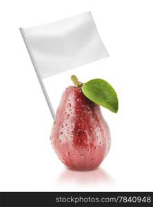 Healthy and organic food concept. Healthy and organic food concept. Fresh red Pear with flag showing the benefits or the price of fruits.