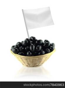 Healthy and organic food concept. Healthy and organic food concept. Fresh black olives with flag showing the benefits or the price of fruits.