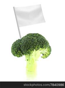 Healthy and organic food concept. Healthy and organic food concept. Fresh broccoli with flag showing the benefits or the price of fruits.