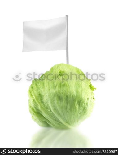 Healthy and organic food concept. Healthy and organic food concept. Fresh Green Iceberg lettuce with flag showing the benefits or the price of fruits.