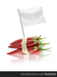 Healthy and organic food concept. Healthy and organic food concept. Fresh red hot chili pepper with flag showing the benefits or the price of fruits.
