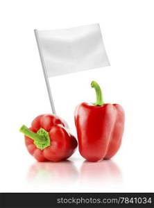 Healthy and organic food concept. Healthy and organic food concept. Fresh red Pepper with flag showing the benefits or the price of fruits.