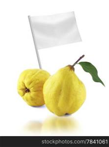 Healthy and organic food concept. Healthy and organic food concept. Fresh sweet quinces with flag showing the benefits or the price of fruits.