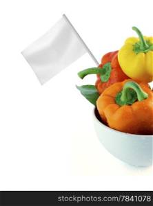Healthy and organic food concept. Healthy and organic food concept. Fresh colorful sweet bell pepper with flag showing the benefits or the price of fruits.