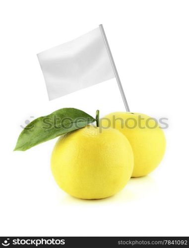 Healthy and organic food concept. Healthy and organic food concept. Fresh Ripe appetizing grapefruit with flag showing the benefits or the price of fruits.