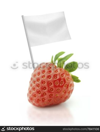 Healthy and organic food concept. Healthy and organic food concept. Fresh Strawberry with flag showing the benefits or the price of fruits.