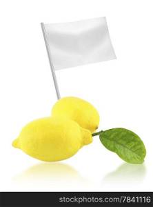 Healthy and organic food concept. Healthy and organic food concept. Fresh lemon with flag showing the benefits or the price of fruits.