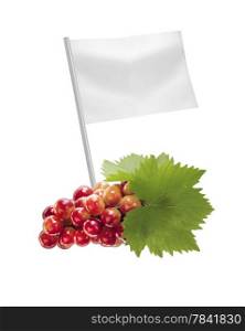 Healthy and organic food concept. Healthy and organic food concept. Fresh red Ripe grapes with leaf with flag showing the benefits or the price of fruits.