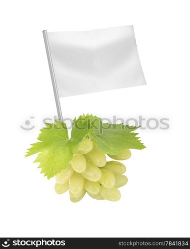 Healthy and organic food concept. Healthy and organic food concept. Fresh green Ripe grapes with leaf with flag showing the benefits or the price of fruits.