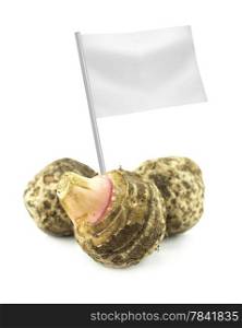 Healthy and organic food concept. Healthy and organic food concept. Fresh Taro Root with flag showing the benefits or the price of fruits.