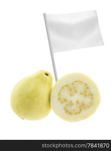 Healthy and organic food concept. Healthy and organic food concept. Fresh Guava with flag showing the benefits or the price of fruits.