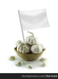 Healthy and organic food concept. Healthy and organic food concept. Fresh Garlic and garlic bulb with flag showing the benefits or the price of fruits.