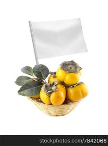 Healthy and organic food concept. Healthy and organic food concept. Fresh persimmons with flag showing the benefits or the price of fruits.