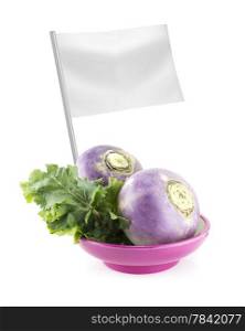 Healthy and organic food concept. Healthy and organic food concept. Fresh purple headed turnips with flag showing the benefits or the price of fruits.