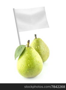 Healthy and organic food concept. Healthy and organic food concept. Fresh Green Pears with flag showing the benefits or the price of fruits.