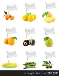 Healthy and organic food concept. Healthy and organic food concept. Set of fresh fruits and vegetables with flag showing the benefits or the price of fruits.
