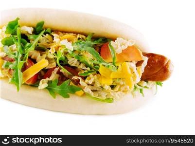 Healthy and tasty hot-dog with big grilled sausage