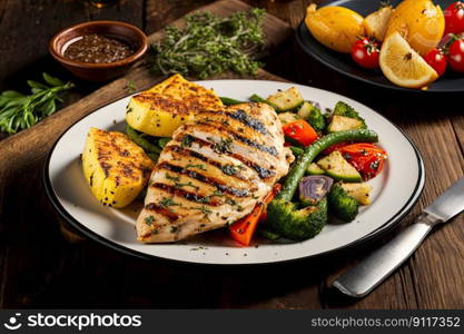 Healthy balanced meal of grilled chicken and fresh vegetables. Generative AI