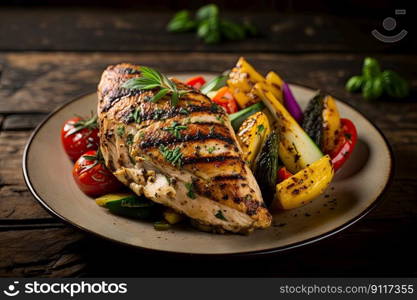 Healthy balanced meal of grilled chicken and fresh vegetables. Generative AI