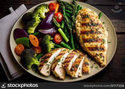 Healthy balanced meal of grilled chicken and fresh vegetables. Generative AI