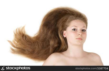 Healthy beautiful long hair closeup in motion created by wind. Isolated on white