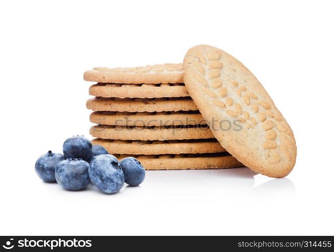 Healthy bio breakfast biscuits with blueberries on white background
