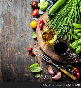 Healthy Bio Vegetables and spices on a Wooden Background
