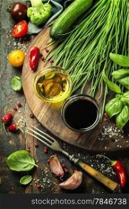 Healthy Bio Vegetables and spices on a Wooden Background