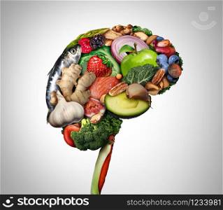 Healthy brain food to boost brainpower nutrition concept as a group of nutritious nuts fish vegetables and berries rich in omega-3 fatty acids for mind health as a composite image.