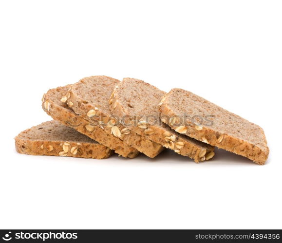 Healthy bran bread slices with rolled oats isolated on white background