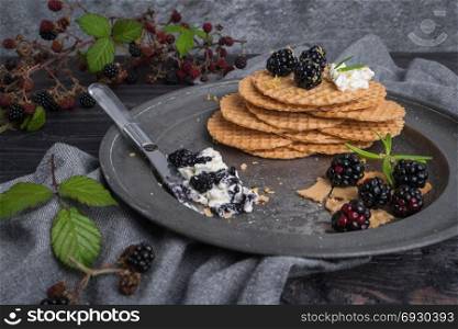 Healthy breakfast. Belgian waffles with wild blackberries and cream cheese in dark background.