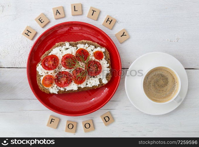Healthy breakfast concept with tomato bread.. Healthy breakfast concept with tomato bread