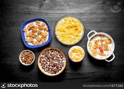 Healthy Breakfast. Different cereals with a milk.. Different cereals with milk.