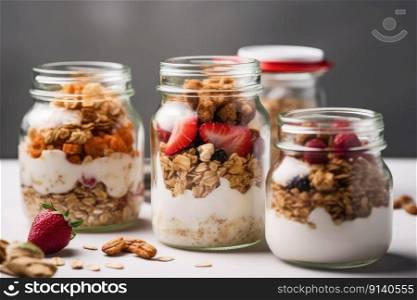 Healthy breakfast. Oatmeal Granola with yogurt Illustration Generative AI
