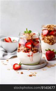 Healthy breakfast. Oatmeal Granola with yogurt Illustration Generative AI 