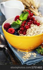 Healthy Breakfast. Oats, berries and milk.