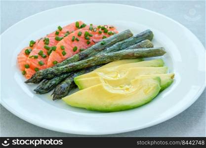 Healthy breakfast of salmon, avocado and asparagus