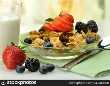 healthy breakfast with bran and raisin cereal