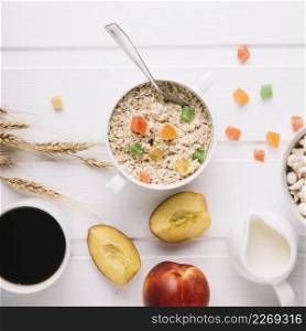 healthy breakfast with oatmeal white table