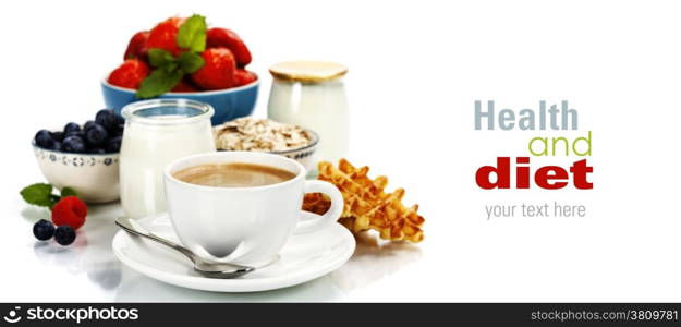 Healthy breakfast - yogurt, coffee, muesli and berries - Health and Diet concept