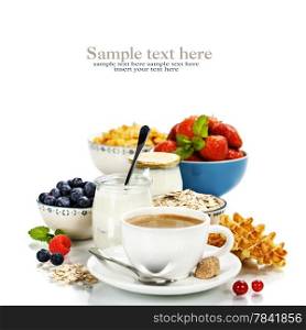 Healthy breakfast - yogurt, coffee, muesli and berries - Health and Diet concept