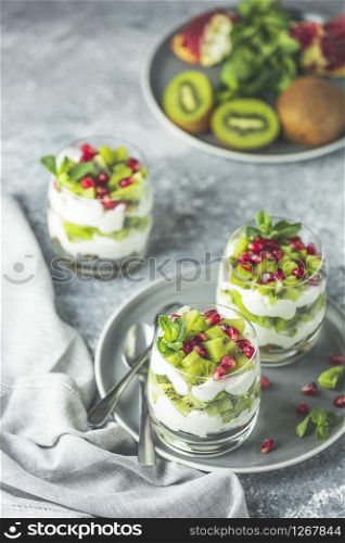 Healthy breakfast: yogurt parfait with granola and kiwi decoration pomegranate and mint on a gray background.